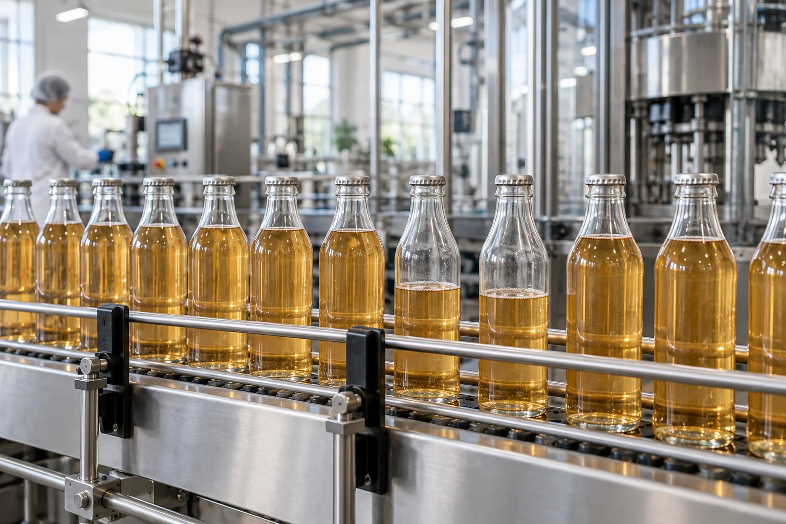 Illustrative bottling line with transparent containers at different fill heights
