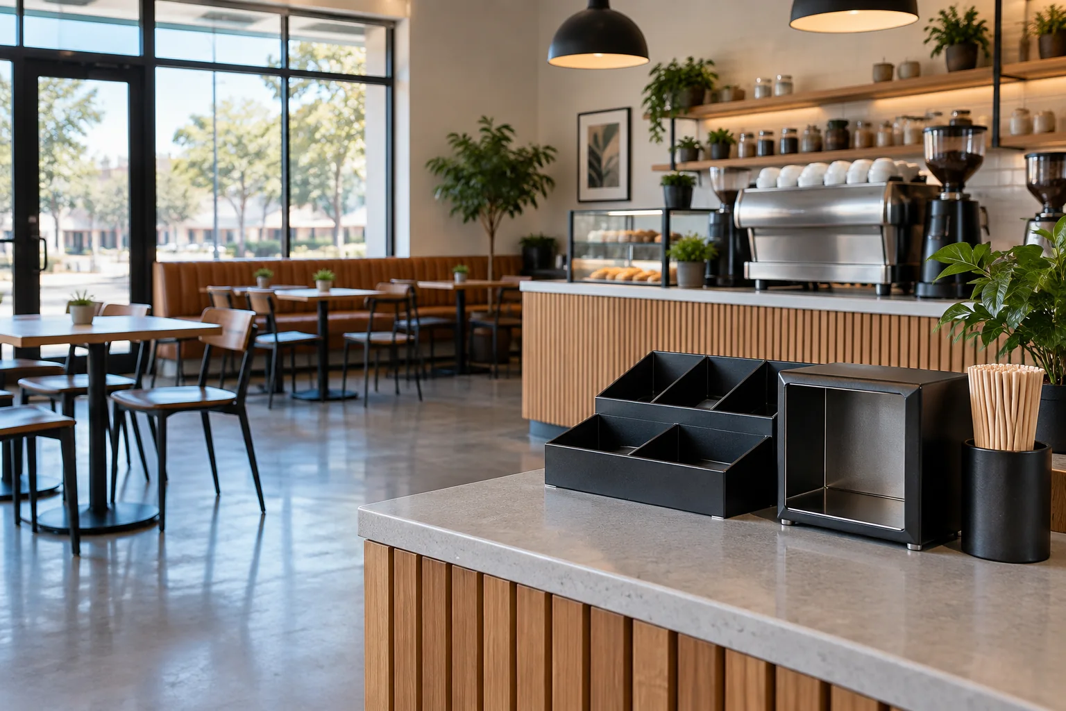 Illustrative cafe before opening with an incompletely stocked service station