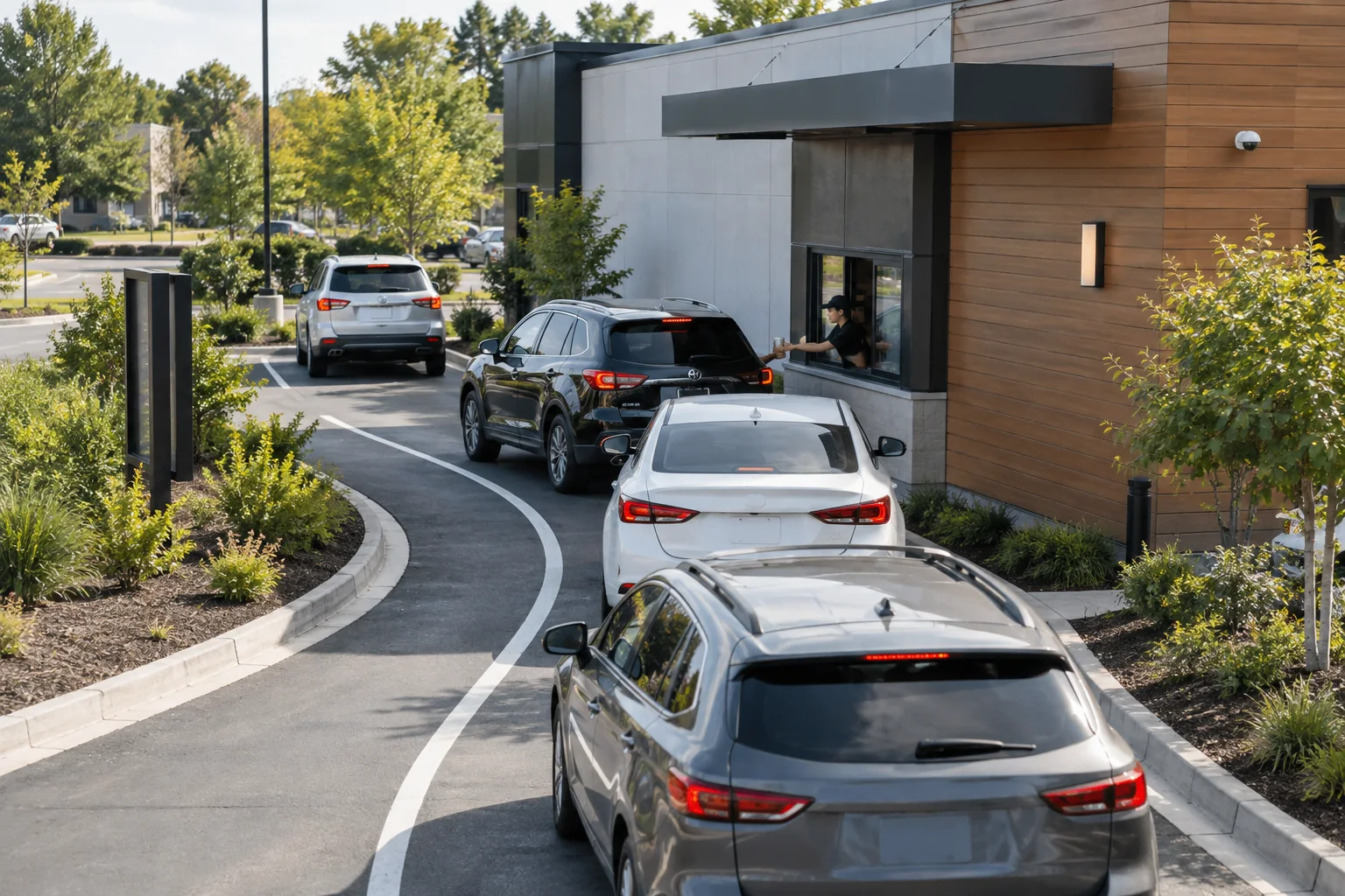 Illustrative drive-through restaurant with vehicles queuing beside a shared parking area
