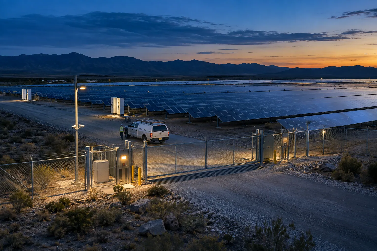 Illustrative solar facility with a fenced entrance and a service vehicle at blue hour