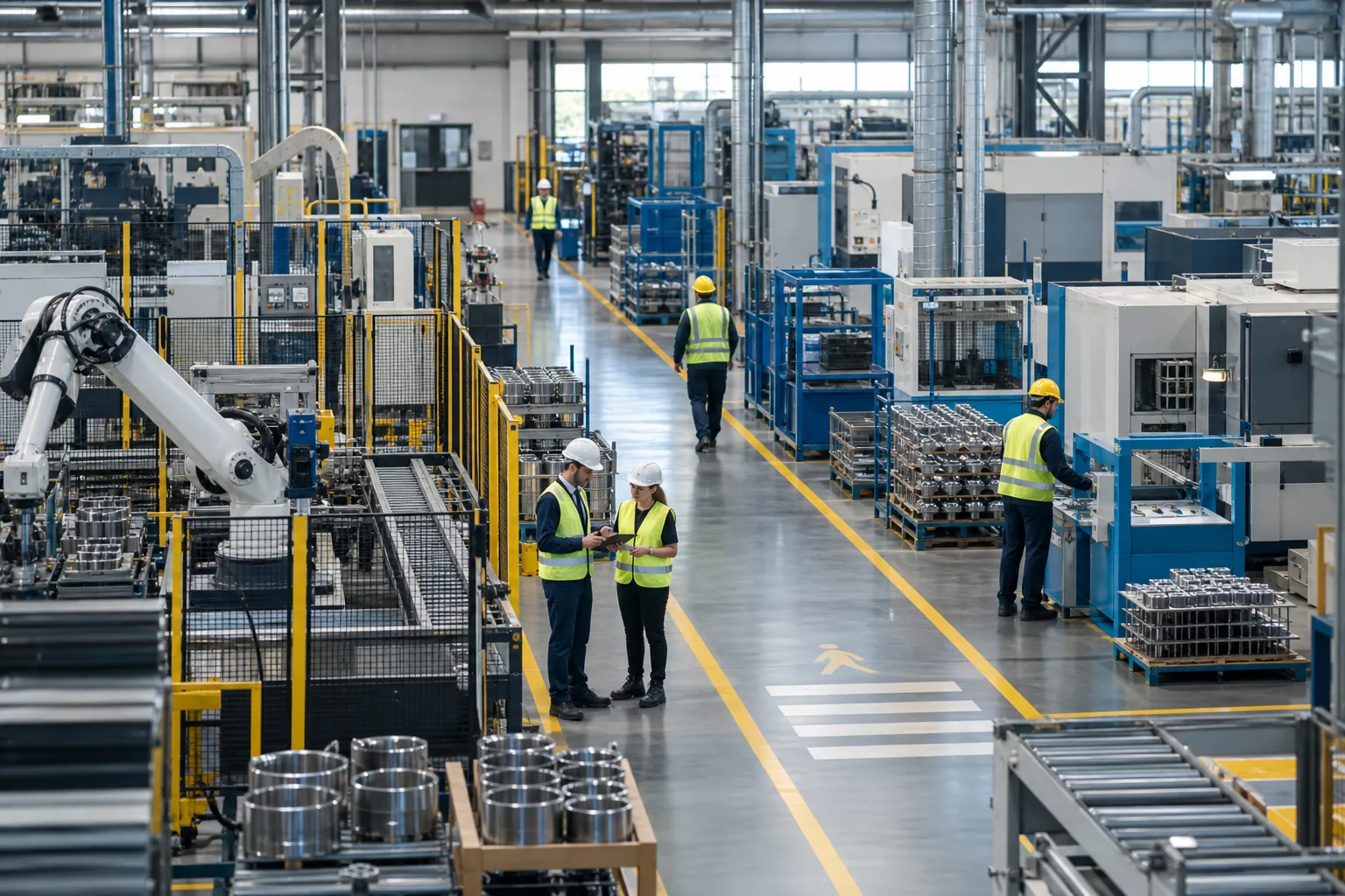 Illustrative factory with workers in protective equipment and marked work zones