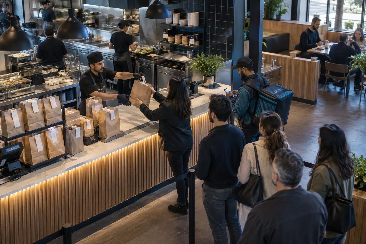 Illustrative restaurant pickup counter with staff, delivery bags and a short queue