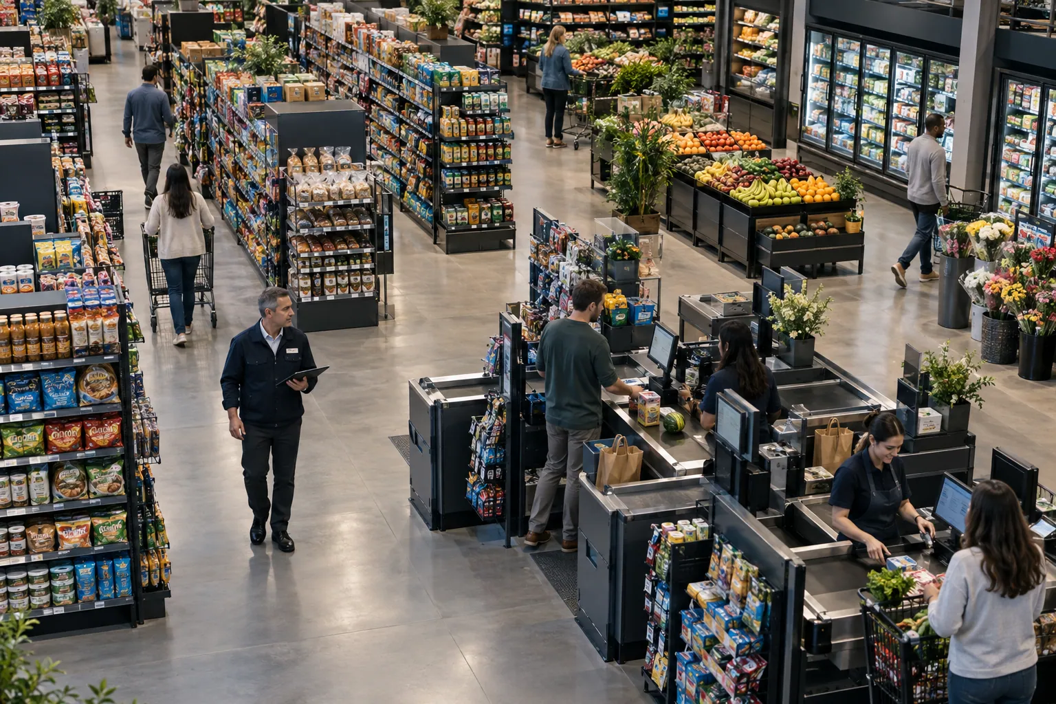 Illustrative retail store with checkout counters, aisles and shoppers