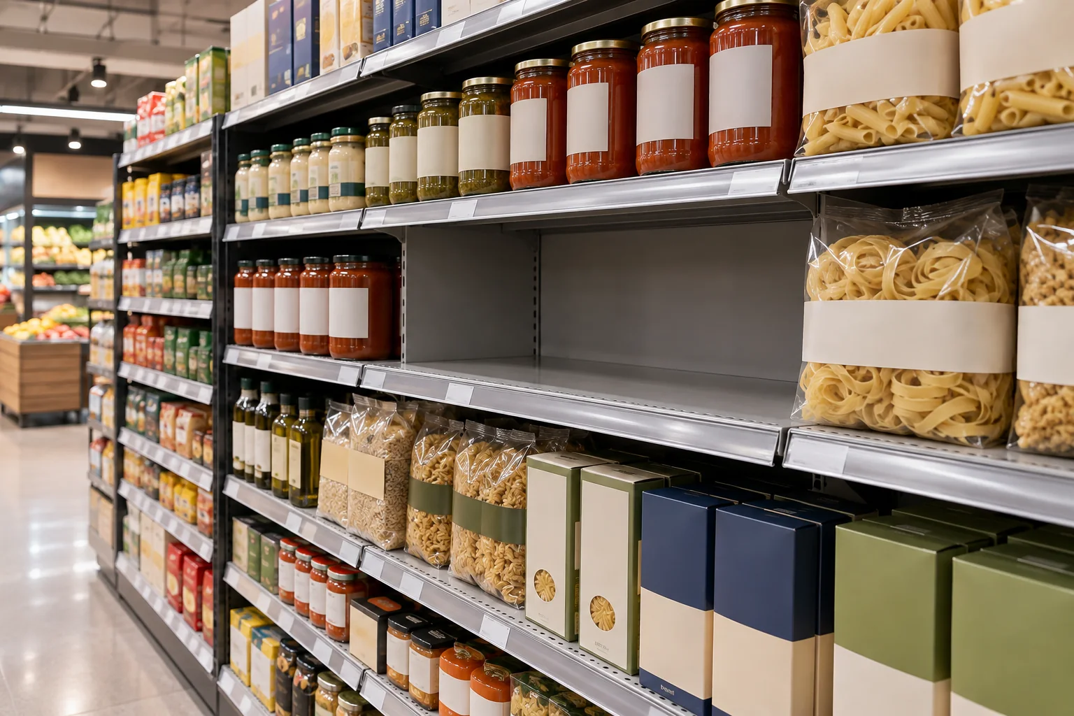 Illustrative grocery aisle with a visible empty shelf space among stocked products