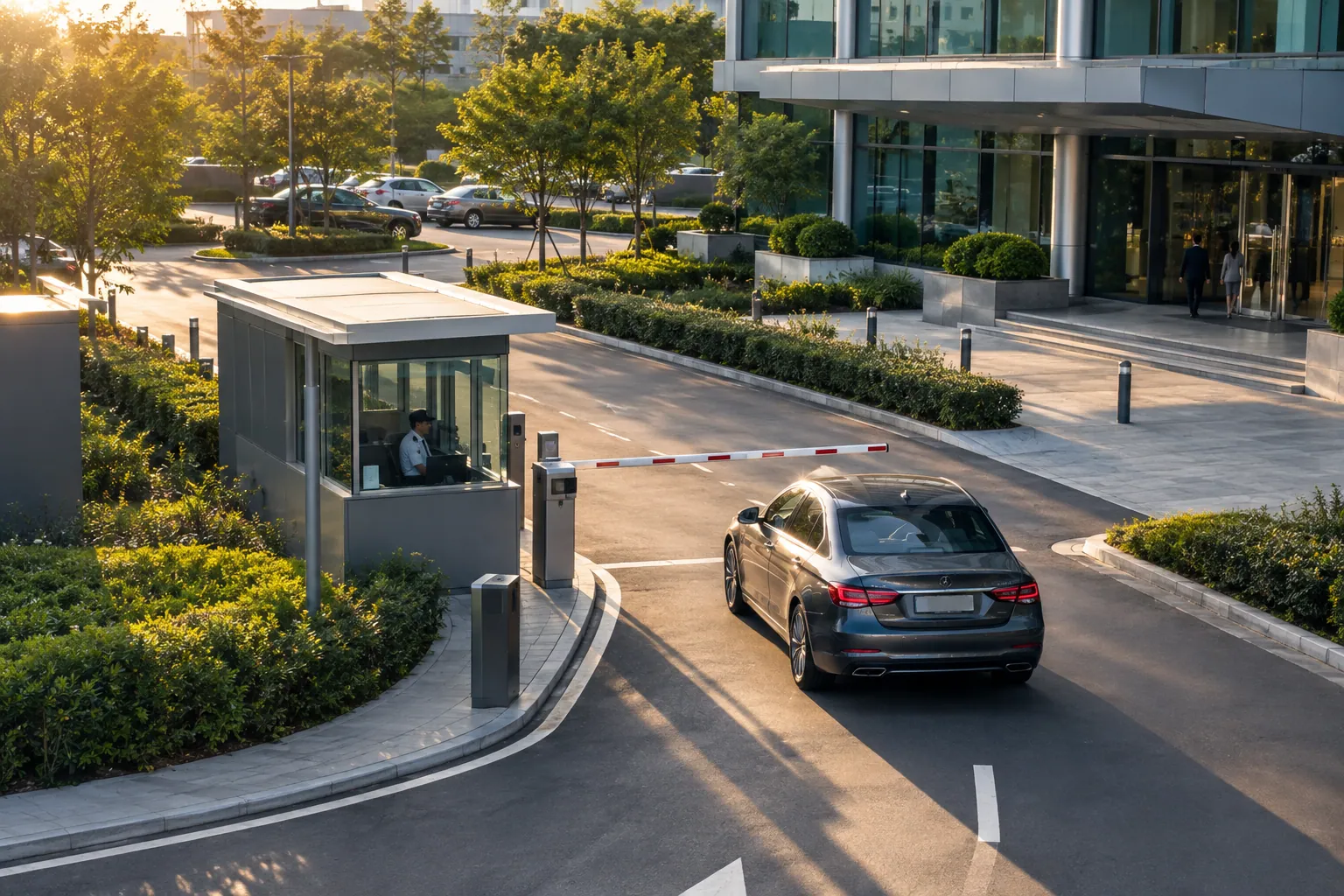 Illustrative car approaching a property entrance with a barrier gate and security booth