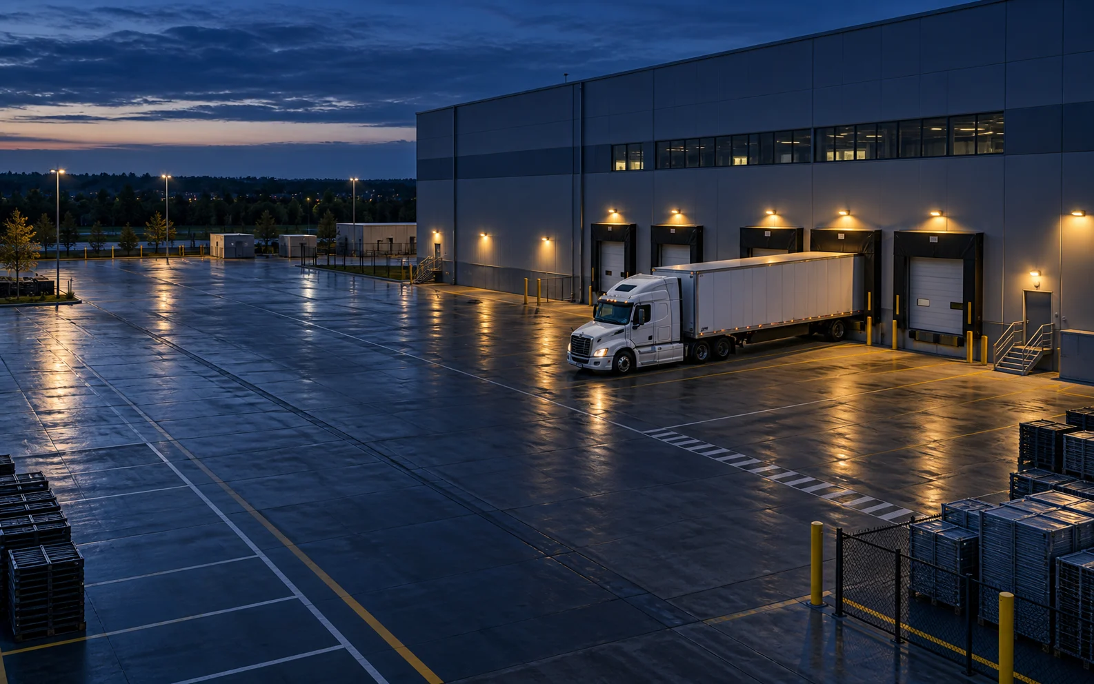 Illustrative warehouse loading dock with a truck at dusk